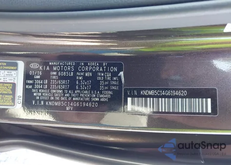 2016 Kia Sedona Lx z USA, uszkodzony, nr VIN KNDMB5C14G6194620